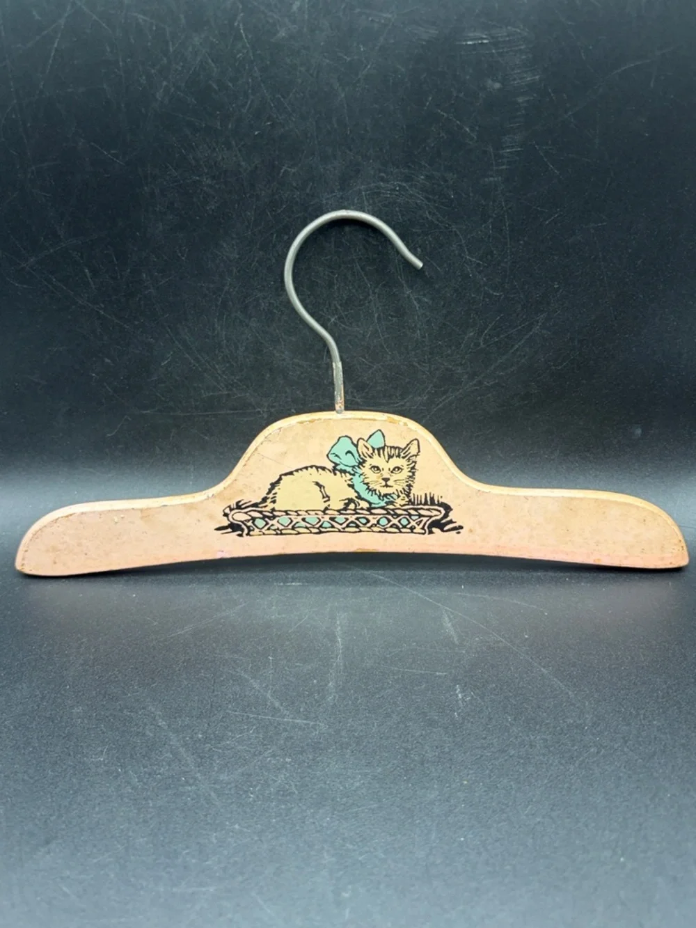 1930s Vintage Children's Wooden Clothing Hanger Pink Kitten Cat With Blue Bow